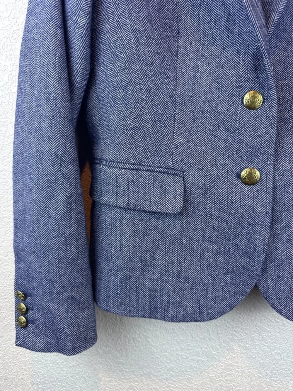 J.Crew Blue Herringbone Wool Blend Blazer Size 4 Gold Button Tailored Jacket - Picture 5 of 11